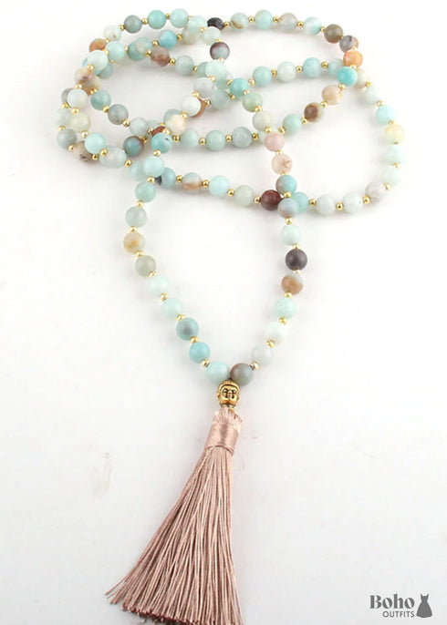 Boho Necklace, RH Amazonite, Tassel Blue Green Natural Stone